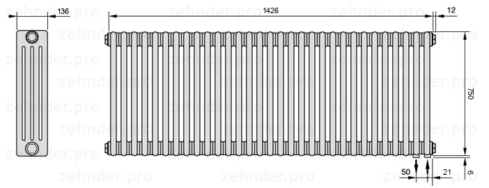 Схема (чертеж) Радиатор Zehnder Charleston 4075/31 №5510 Белый глянцевый RAL 9016